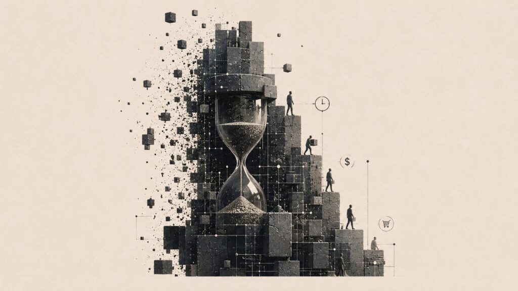Ilustración conceptual «Fragmentación urbana y el paso del tiempo»: un gran reloj de arena incrustado en bloques oscuros que se desintegran, con pequeñas figuras humanas subiendo escalones junto a iconos de reloj, dinero y carrito de compra.