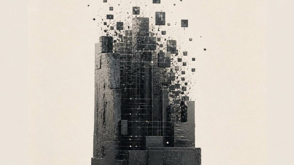 Ilustración conceptual «Mercado global del arte»: una torre oscura y texturada que se disgrega en la parte superior en pequeños cuadros dispersos, con una cuadrícula superpuesta, sobre fondo claro.
