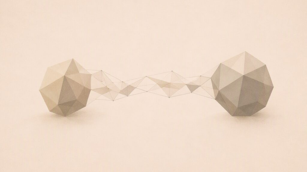 Formas geométricas en armonía mostrando puentes y conexiones, representando mediación y categorización artística