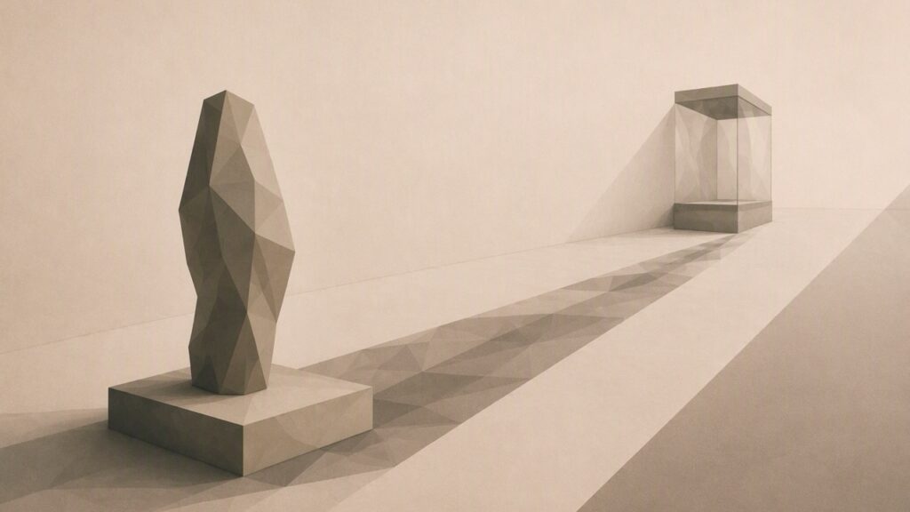 Ilustración minimalista en tonos papiro cálido y grafito, vista en perspectiva oblicua. Un objeto ceremonial poligonal, a modo de monolito abstracto sobre una peana baja, proyecta una sombra alargada que cruza el suelo en diagonal hacia una vitrina vacía que se aleja al fondo, sugiriendo un objeto que ha viajado entre dos lugares y carga con su historia. El suelo se aleja hacia un punto de fuga bajo.