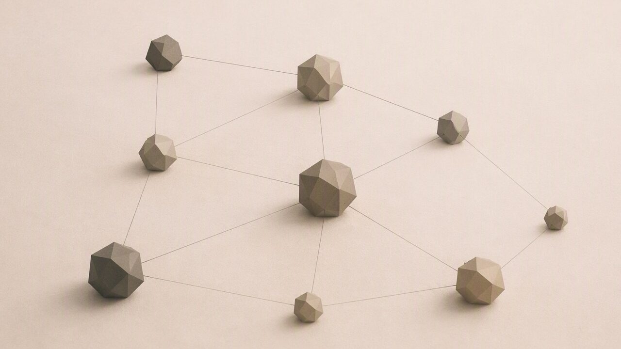 Ilustración conceptual en tonos papiro y grafito. Nueve formas geométricas facetadas de distintos tamaños aparecen conectadas entre sí mediante líneas finas, formando una red distribuida sin centro dominante. Las conexiones crean una estructura común en la que cada elemento mantiene su individualidad mientras participa en un conjunto compartido.