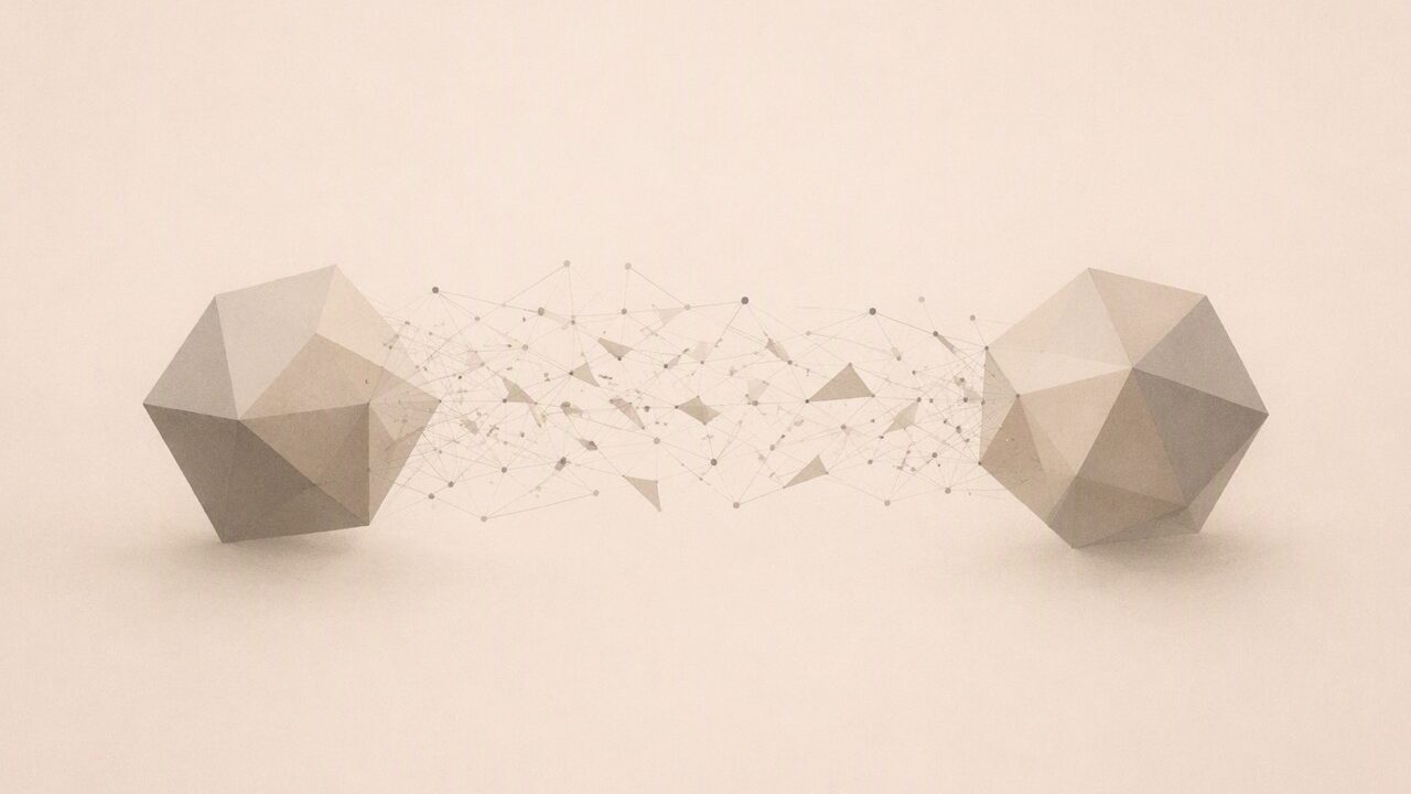 Representación visual abstracta de interacción entre máquinas y máquinas, con formas geométricas complejas simbolizando inteligencia artificial