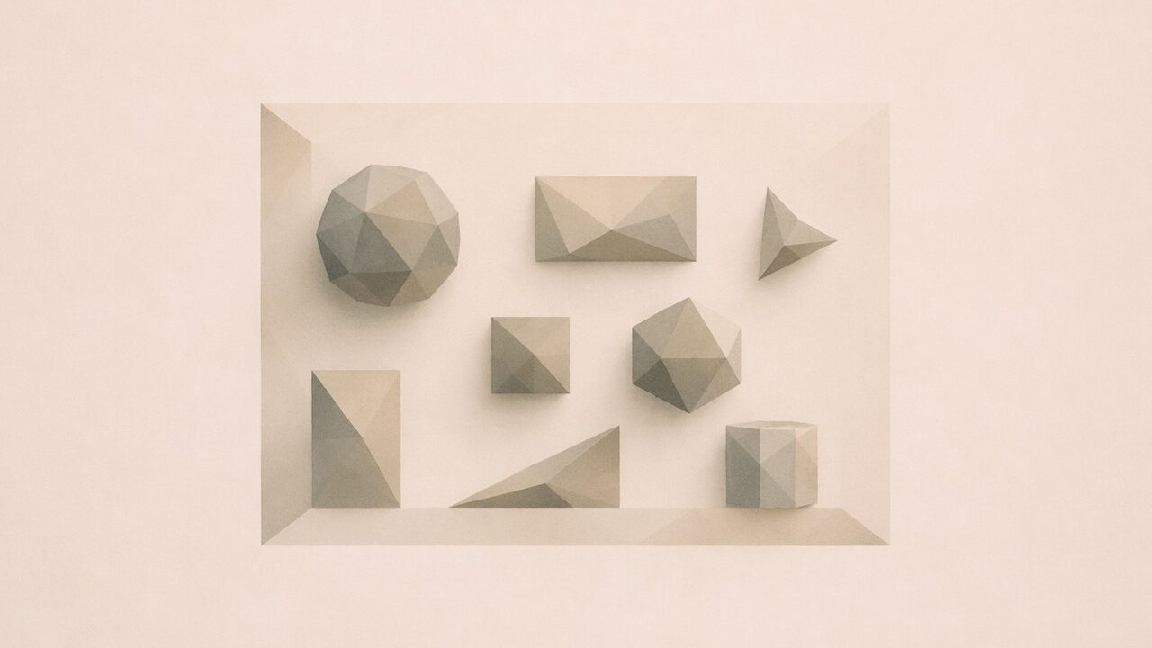 Colección de formas geométricas tridimensionales variadas en tonos tierra, representando curadoría y selección artística