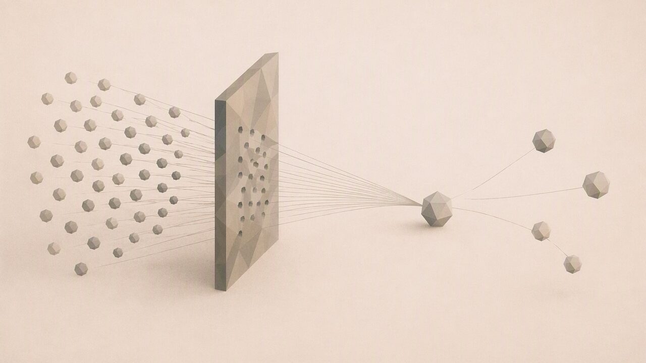 Ilustración conceptual en tonos papiro y grafito. Decenas de pequeñas formas geométricas facetadas convergen hacia una superficie rectangular vertical que actúa como filtro. Tras atravesarla, todas las conexiones se reducen a un único nodo central del que sólo emergen unas pocas formas seleccionadas. La composición sugiere cómo una pantalla o sistema intermedio concentra y limita el acceso a una mayor diversidad de opciones.