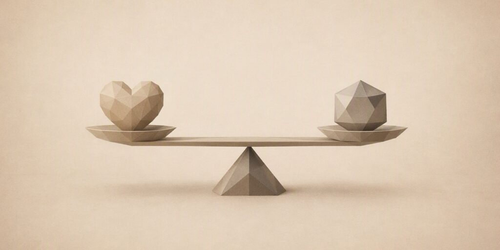 Ilustración artística de una balanza con tres formas geométricas sólidas en beige y marrón, representando el equilibrio entre el arte y la conciencia