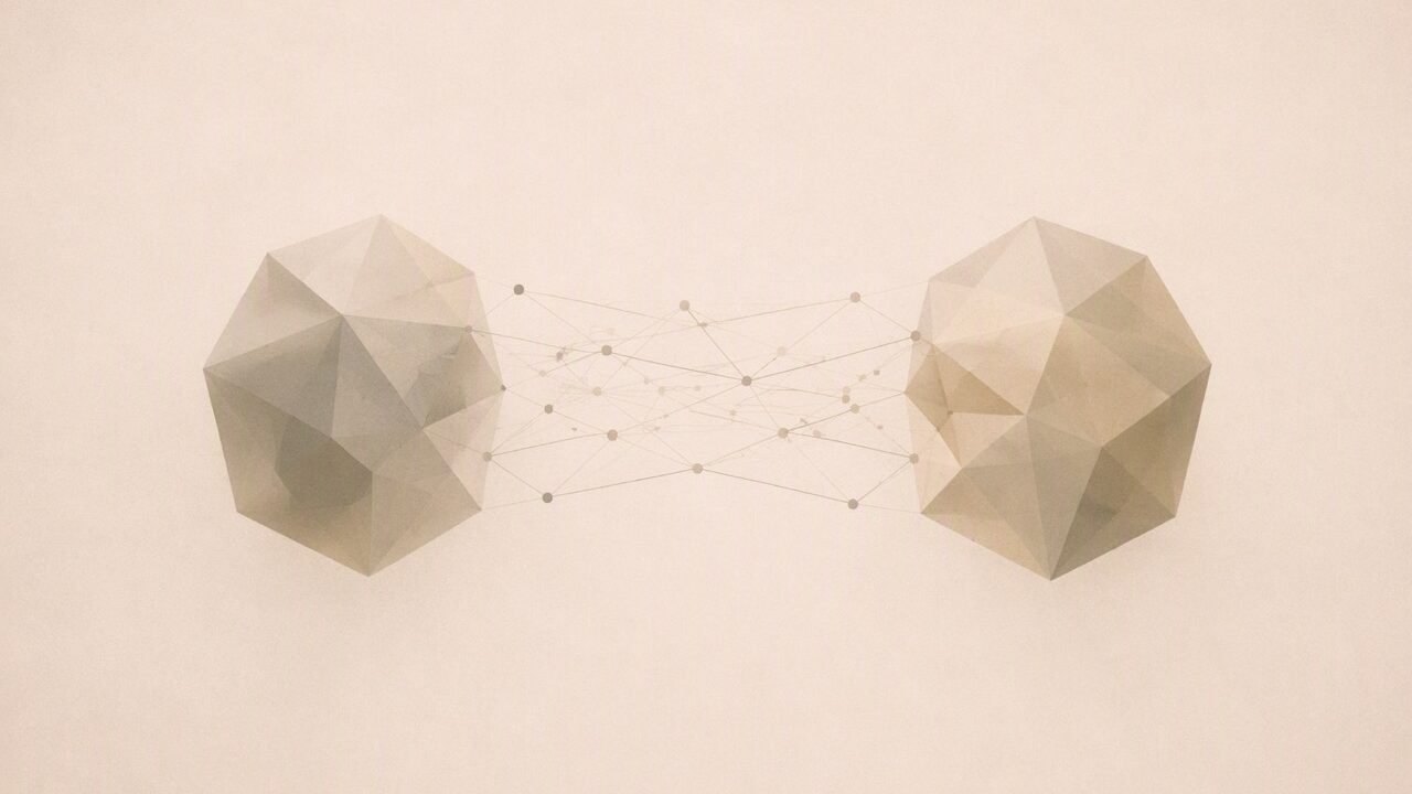 Dos formas geométricas poliédricas conectadas por líneas, representando diálogo y conexión entre personas en una entrevista