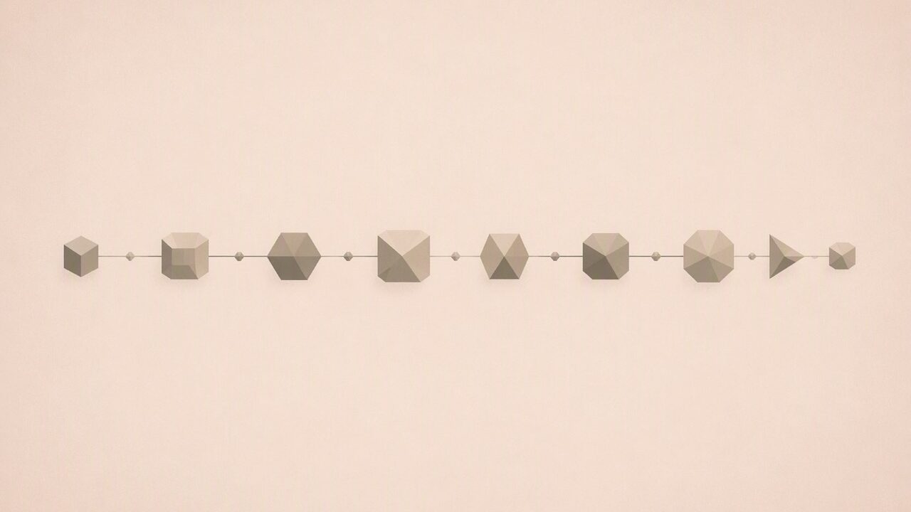 Serie de esferas geométricas conectadas en cadena, representando blockchain y tecnología de cadena de datos