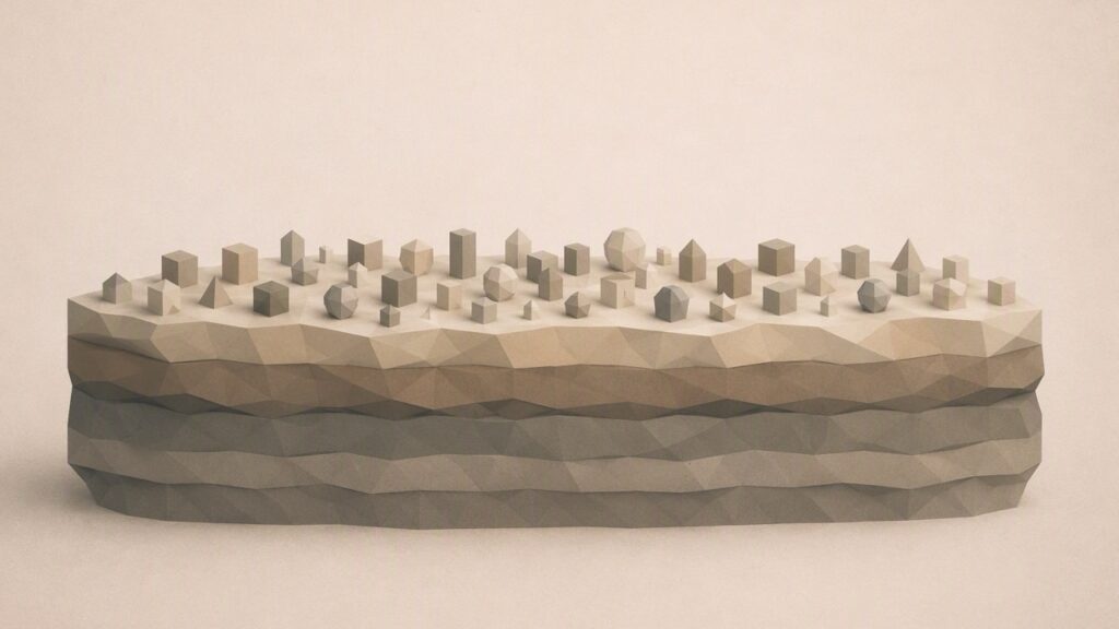 Ilustración minimalista en tonos papiro cálido y grafito. Una estructura facetada por capas horizontales; las capas inferiores determinan sutilmente la forma y posición de muchas pequeñas formas diversas apoyadas en la capa superior, sugiriendo que una arquitectura subyacente gobierna en silencio lo que aparece encima.