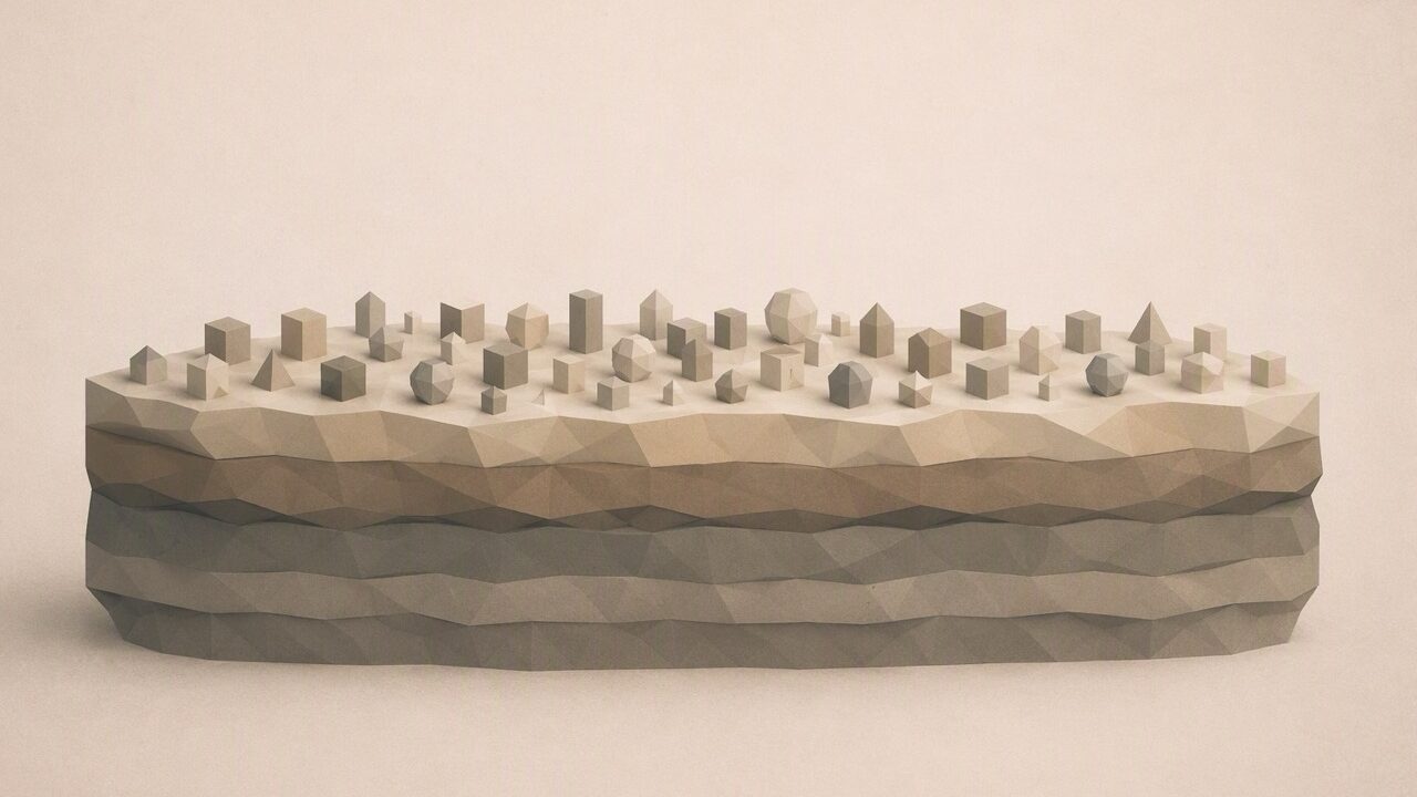 Ilustración minimalista en tonos papiro cálido y grafito. Una estructura facetada por capas horizontales; las capas inferiores determinan sutilmente la forma y posición de muchas pequeñas formas diversas apoyadas en la capa superior, sugiriendo que una arquitectura subyacente gobierna en silencio lo que aparece encima.