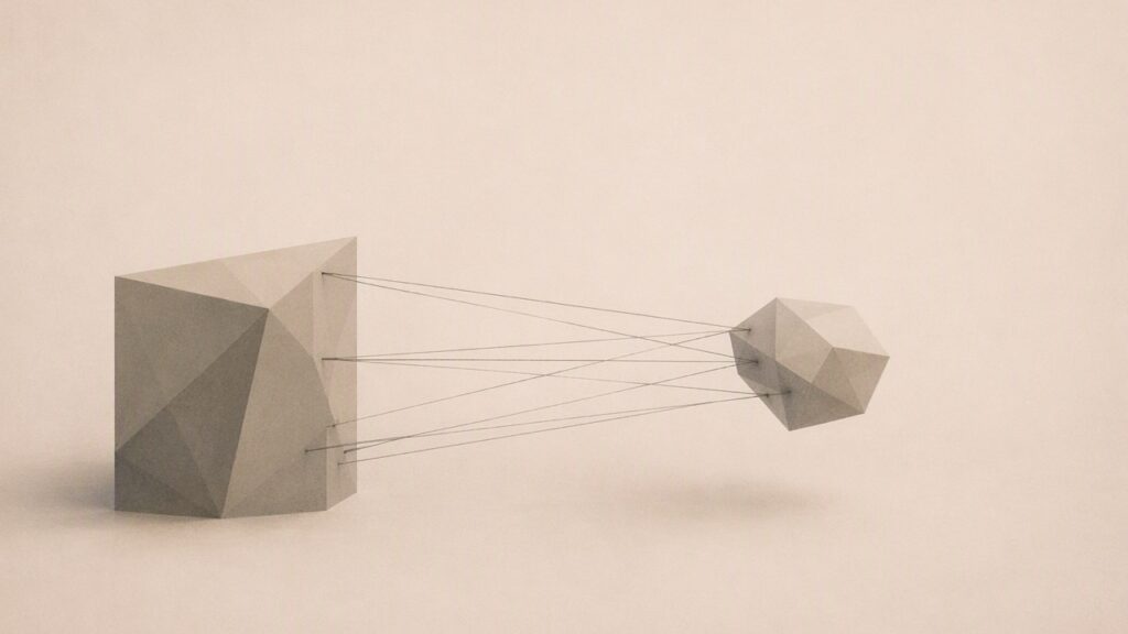 Escultura abstracta que representa la financiación cultural: una mano geométrica que conecta y condiciona formas más pequeñas