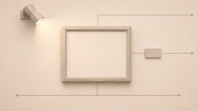 Ilustración minimalista en tonos beige con un marco rectangular vacío en el centro, iluminado por un foco de pared en la esquina superior izquierda. Varias líneas con flechas rodean el marco y una pequeña etiqueta rectangular aparece a la derecha, sugiriendo un esquema o diagrama conceptual sin contenido visible.
