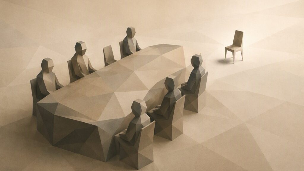 Composición minimalista en tonos tierra que muestra una mesa geométrica rodead de varias sillas vacías de diferentes alturas, simbolizando la ausencia o soledad