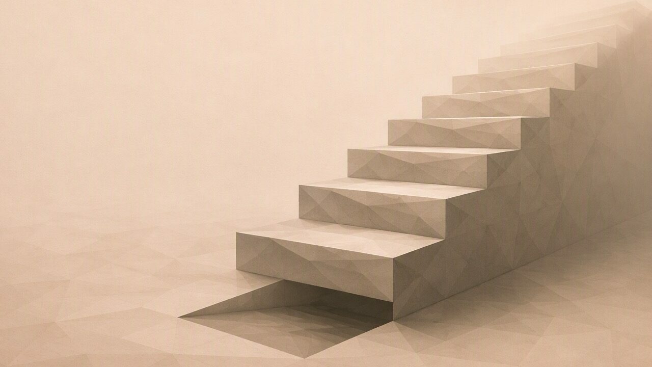 Ilustración minimalista en tonos papiro cálido y grafito, vista en perspectiva oblicua. Un tramo de escalera poligonal se aleja en diagonal hacia el fondo; el primer peldaño, el más bajo, falta por completo y deja un hueco entre el suelo y el segundo escalón que nadie podría salvar. Los peldaños superiores continúan en buen orden hacia un punto de fuga bajo, recibiendo una luz cálida y suave, mientras el hueco inferior permanece en sombra.
