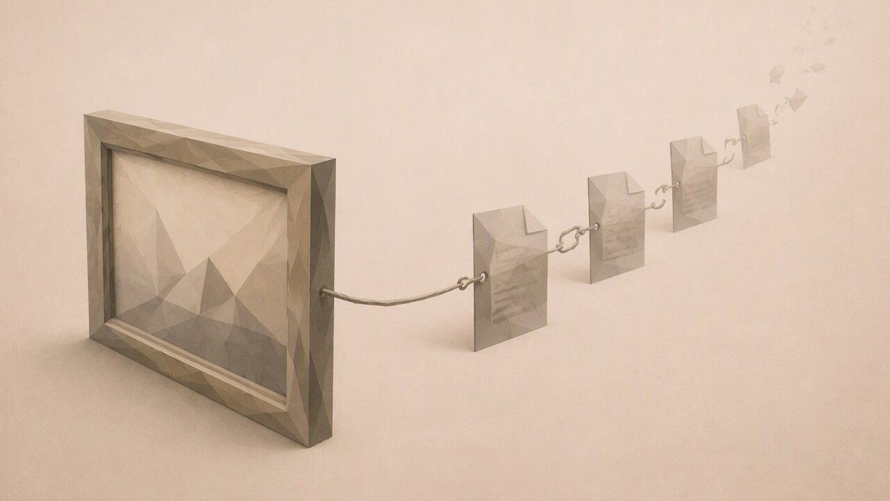Ilustración minimalista en tonos papiro cálido y grafito, vista en perspectiva oblicua. Un cuadro poligonal enmarcado, visto de lado y algo desde arriba, y tras él, alejándose en profundidad, una cadena de tarjetas o sellos poligonales unidos por un hilo fino que vuelve hasta el cuadro, sugiriendo que lo que sostiene la identidad de la obra es una cadena de documentos que se aleja, más que el objeto mismo. Algunos eslabones lejanos aparecen tenues o rotos.