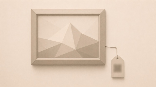 Ilustración conceptual de estilo geométrico y baja policromía. Un cuadro rectangular con una composición abstracta de formas facetadas en tonos beige y gris cuelga sobre un fondo color papiro. A su derecha, una pequeña etiqueta de exposición unida por un cordón muestra un recuadro borroso sin información legible. La composición establece un contraste entre la obra visible y los datos ausentes de su etiqueta.