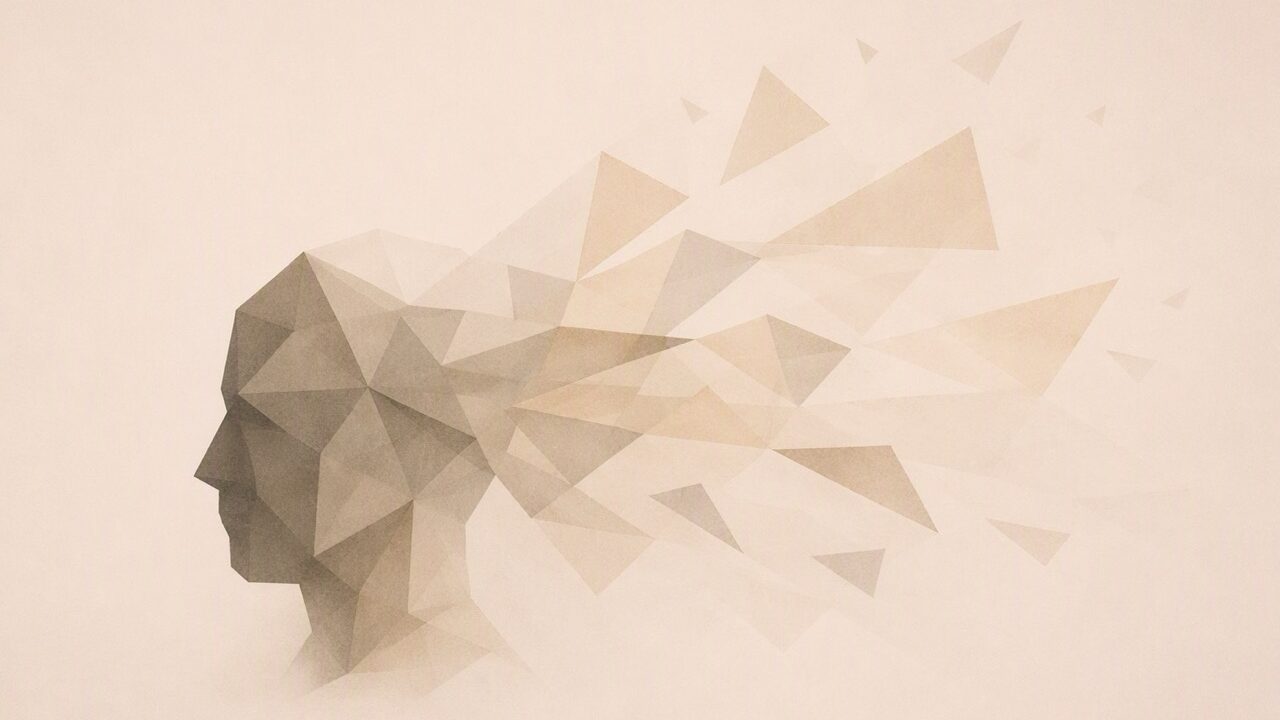Perfil de cabeza humana disuelto en fragmentos geométricos, representando procesamiento cognitivo y neurociencia aplicada al arte