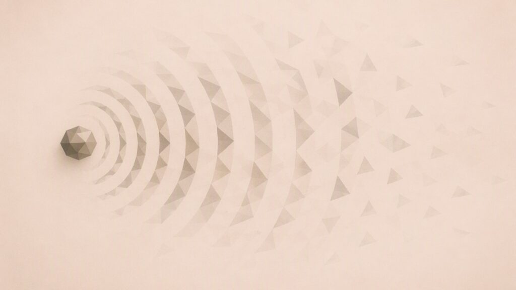 Esfera geométrica con ondas concéntricas expandiéndose, representando sonido y propagación de información en podcast