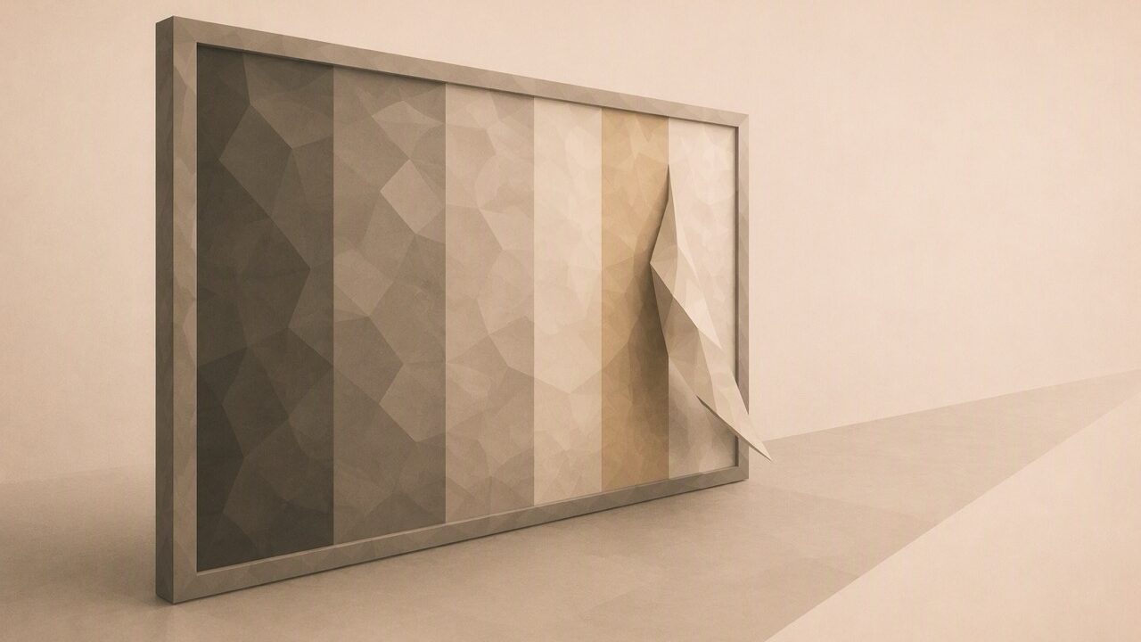 Ilustración minimalista en tonos papiro cálido y grafito, vista en perspectiva oblicua. Un panel poligonal enmarcado, visto en ángulo, con la superficie dividida en varias franjas verticales de tonos ligeramente distintos, como si la misma imagen existiera en varios estados o edades a la vez; una de las franjas se levanta en capas poligonales, sugiriendo que restaurar es elegir uno de esos estados. El panel y el suelo se alejan hacia un punto de fuga bajo.