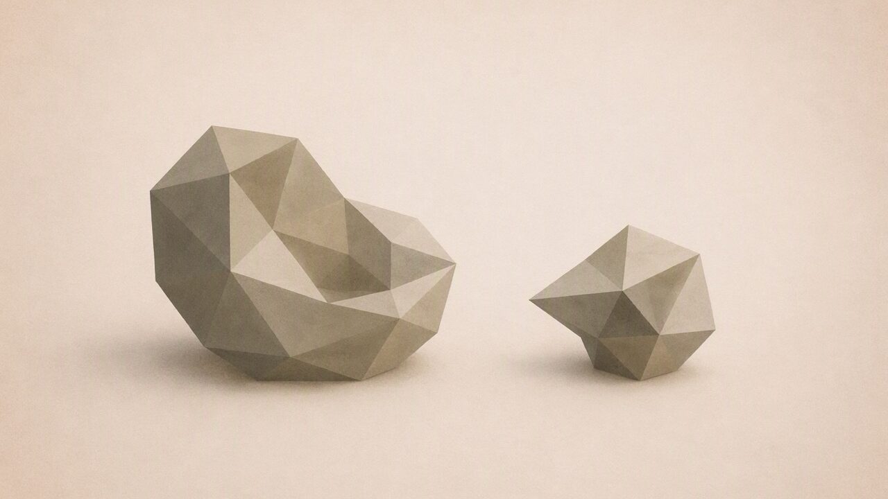 Ilustración minimalista en tonos papiro cálido y grafito. Dos formas geométricas facetadas se enfrentan a la misma altura a ambos lados de un pequeño espacio, en calma y simetría: una es orgánica y redondeada, abierta y receptiva; la otra, más pequeña y angular, semejante a una máquina. Ninguna domina a la otra, evocando una relación de trabajo entre iguales: herramienta y objeto de estudio a la vez.