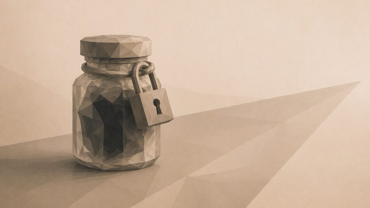 Minimalist illustration in warm papyrus and graphite tones, viewed in oblique perspective. A small polygonal glass vial, secured with a padlock, rests upon a receding surface; from the darkness within, the ambient warm light appears to be absorbed, suggesting a substance held under lock and key rather than a possessed colour. The surface recedes towards a low vanishing point; the darkest area remains within the deepest graphite of the palette, never pure black.