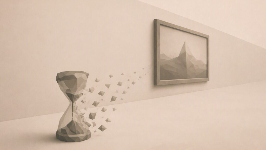 Ilustración minimalista en tonos papiro cálido y grafito, vista en perspectiva oblicua. Un cuadro poligonal enmarcado cuelga de una pared de galería que se aleja en diagonal hacia el fondo; ante él, en el suelo, un reloj o reloj de arena poligonal se deshace en pequeños fragmentos que flotan hacia el cuadro, sugiriendo el tiempo medido descomponiéndose ante la obra. La pared se aleja hacia un punto de fuga bajo.