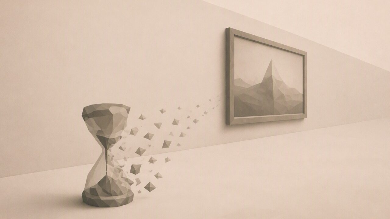 Ilustración minimalista en tonos papiro cálido y grafito, vista en perspectiva oblicua. Un cuadro poligonal enmarcado cuelga de una pared de galería que se aleja en diagonal hacia el fondo; ante él, en el suelo, un reloj o reloj de arena poligonal se deshace en pequeños fragmentos que flotan hacia el cuadro, sugiriendo el tiempo medido descomponiéndose ante la obra. La pared se aleja hacia un punto de fuga bajo.