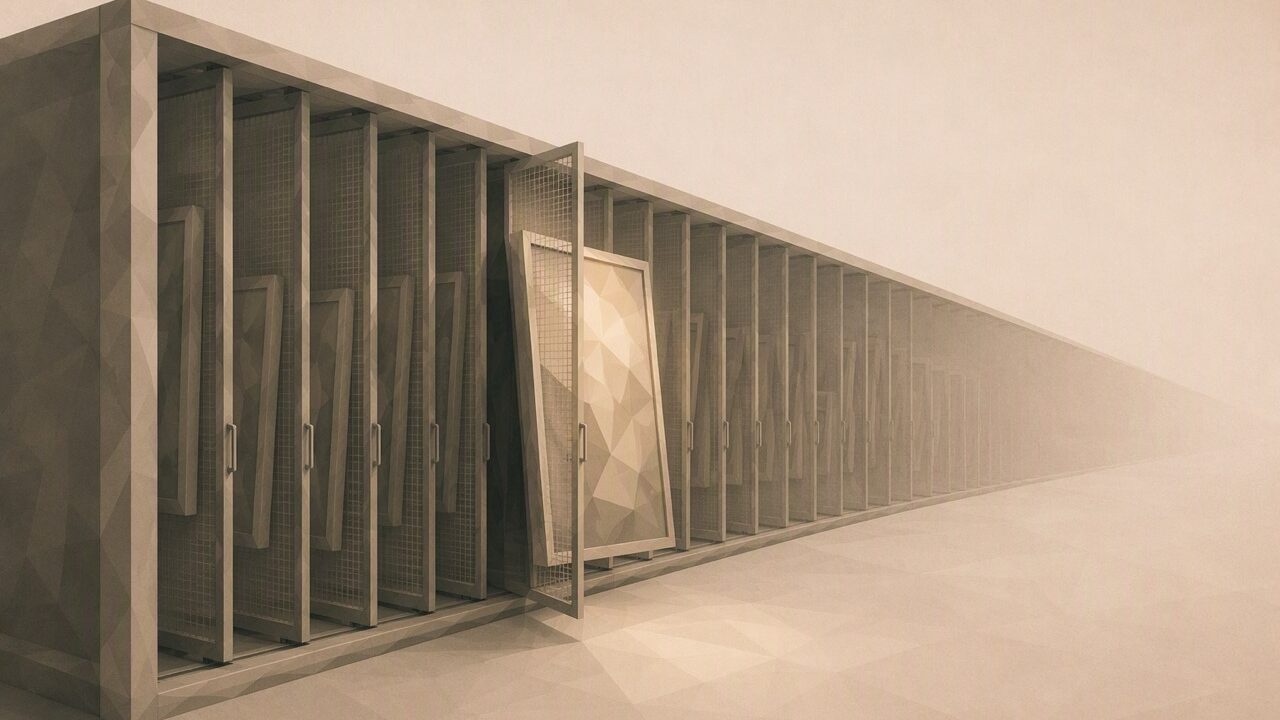 Ilustración minimalista en tonos papiro cálido y grafito, vista en perspectiva oblicua. Un largo peine de almacenaje poligonal con paneles de rejilla sostiene cuadros enmarcados puestos de canto, como carpetas en un archivador, y se aleja en diagonal hacia el fondo; uno de los paneles está algo extraído de la fila y el cuadro que sostiene recibe una luz cálida y suave, mientras el resto permanece en sombra, sugiriendo algo que espera a ser encontrado. El suelo y el peine se alejan hacia un punto de fuga bajo.