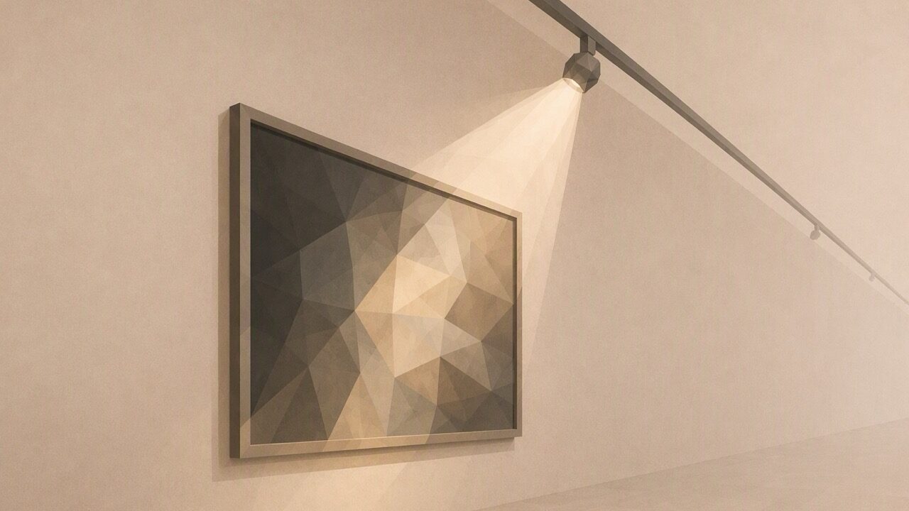 Ilustración minimalista en tonos papiro cálido y grafito, vista en perspectiva oblicua. Un cuadro poligonal enmarcado en la pared de una galería, visto en ángulo, recibe la luz de un único foco orientable poligonal montado en un carril superior; el cono de luz aparece como un volumen suave y poligonal que cae solo sobre una parte del cuadro y deja el resto en sombra graduada, de modo que la misma superficie se lee en dos registros tonales a la vez. La pared y el carril se alejan hacia un punto de fuga bajo.