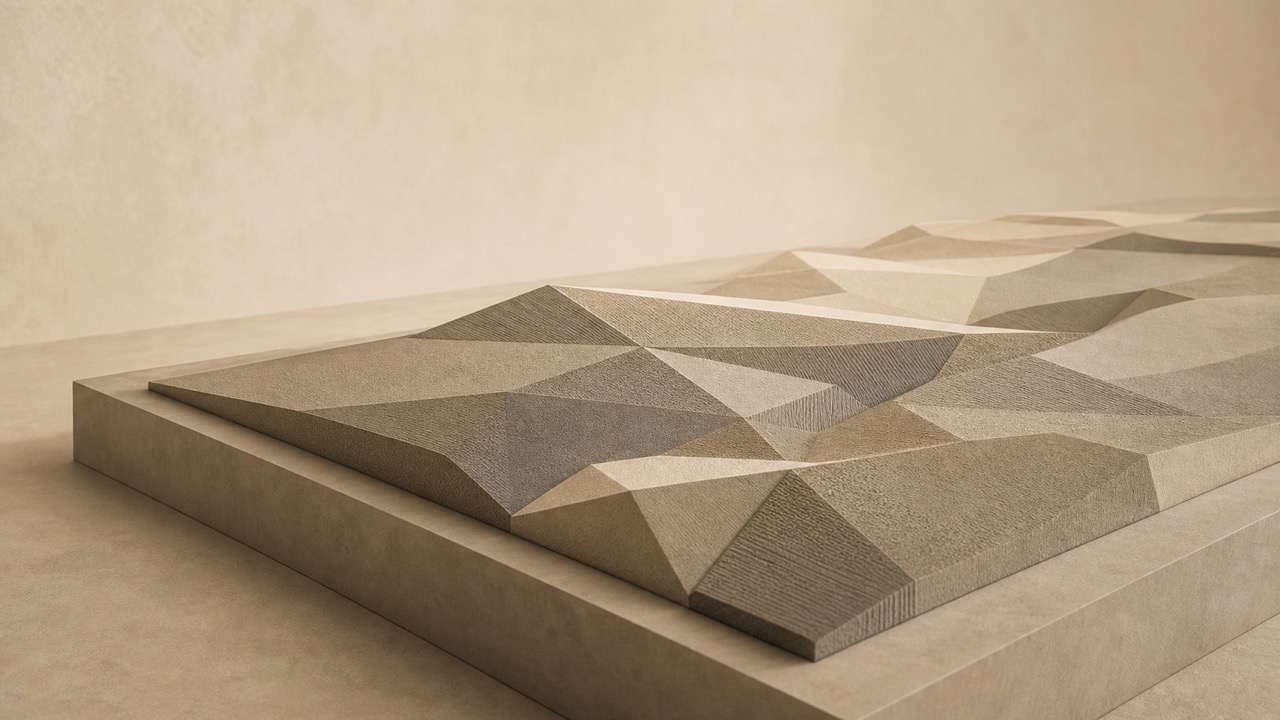 Ilustración minimalista en tonos papiro cálido y grafito, vista en perspectiva oblicua, cercana y baja. Un panel poligonal en relieve sobre una peana; su superficie está formada por crestas elevadas y campos de textura de alturas distintas que, iluminados con luz rasante, se leen como una topografía más que como una imagen. El panel se aleja en diagonal hacia el fondo y su borde lejano se disuelve suavemente. La peana y el suelo se alejan hacia un punto de fuga bajo.