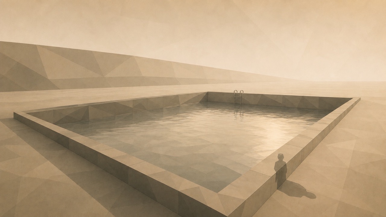 Ilustración minimalista en tonos papiro cálido y grafito, vista en perspectiva oblicua. Una piscina pública poligonal aparece completamente vacía, con la superficie del agua en calma recibiendo la luz cálida. En una esquina del borde se proyecta una única sombra pequeña y anónima de una figura indistinta, desproporcionadamente pequeña frente al tamaño de la piscina; sin embargo, toda la piscina está desierta, como si esa sombra mínima bastara para mantener a todos alejados. El suelo se aleja hacia un punto de fuga bajo.