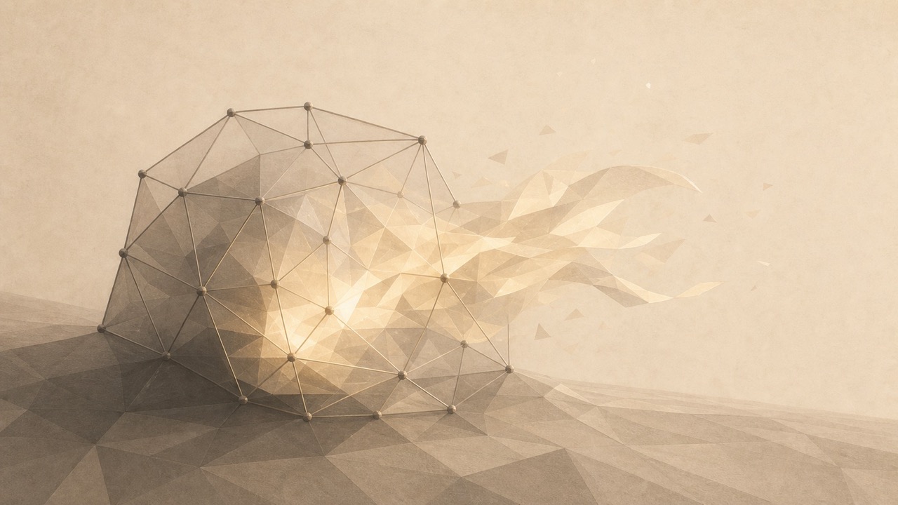 Ilustración minimalista en tonos papiro cálido y grafito, vista en perspectiva oblicua. Una forma orgánica y levemente luminosa, que representa la obra o lo que produce, queda parcialmente atrapada por una malla geométrica rígida de nodos y líneas rectas superpuesta sobre ella: la retícula fija su contorno y marca ciertos puntos como nodos. Pero una parte luminosa e irregular de la forma se derrama más allá del borde de la malla, fluyendo libre entre los nodos y más allá de ellos, sin quedar atrapada en ninguno. La red captura la estructura; la parte viva se escapa por los huecos. El suelo se aleja hacia un punto de fuga bajo.