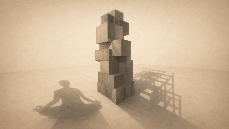 Ilustración minimalista en tonos papiro cálido y grafito, vista en perspectiva oblicua. En el centro se alza una forma monolítica poligonal, construida con bloques rectangulares apilados que recuerdan a contenedores. La forma proyecta dos sombras distintas en dos direcciones: una se lee como la silueta suave de una figura sentada en meditación; la otra, como un andamiaje técnico rígido de ángulos rectos. El mismo objeto arroja dos sombras incompatibles. El suelo se aleja hacia un punto de fuga bajo.