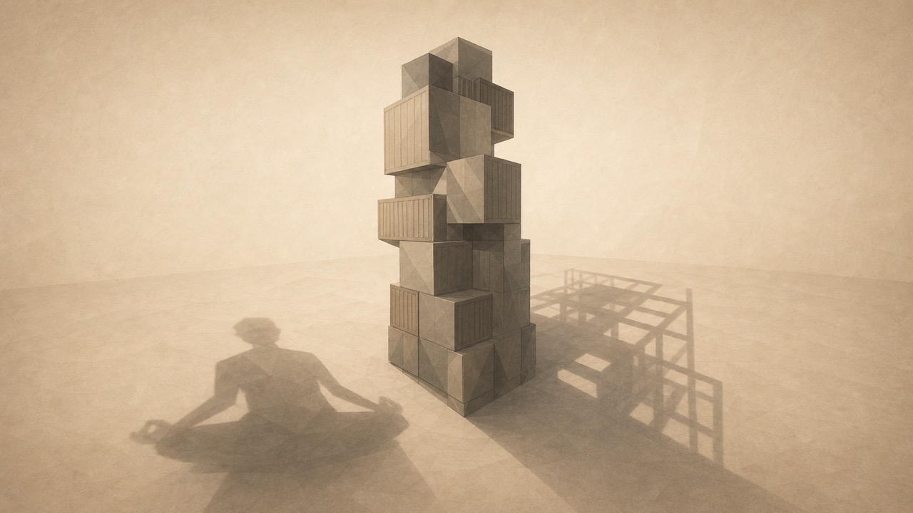 Ilustración minimalista en tonos papiro cálido y grafito, vista en perspectiva oblicua. En el centro se alza una forma monolítica poligonal, construida con bloques rectangulares apilados que recuerdan a contenedores. La forma proyecta dos sombras distintas en dos direcciones: una se lee como la silueta suave de una figura sentada en meditación; la otra, como un andamiaje técnico rígido de ángulos rectos. El mismo objeto arroja dos sombras incompatibles. El suelo se aleja hacia un punto de fuga bajo.