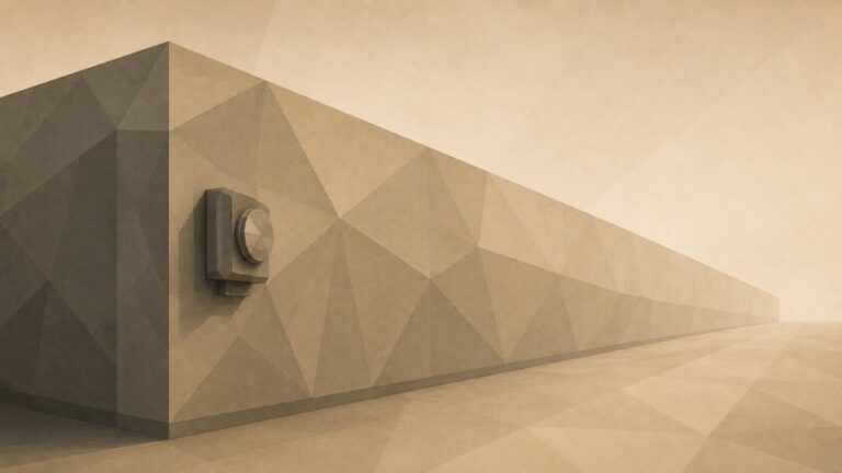 Ilustración minimalista en tonos papiro cálido y grafito, vista en perspectiva oblicua desde el exterior. Un largo edificio industrial poligonal sin ventanas se aleja en diagonal hacia el fondo, sellado y anónimo, con su costado liso recibiendo la luz cálida. En el muro exterior más cercano, a la altura de la vista, hay una caja de contador poligonal cuya esfera redonda está girada hacia la pared, de modo que su lectura no puede verse desde donde está el espectador. El suelo se aleja hacia un punto de fuga bajo.