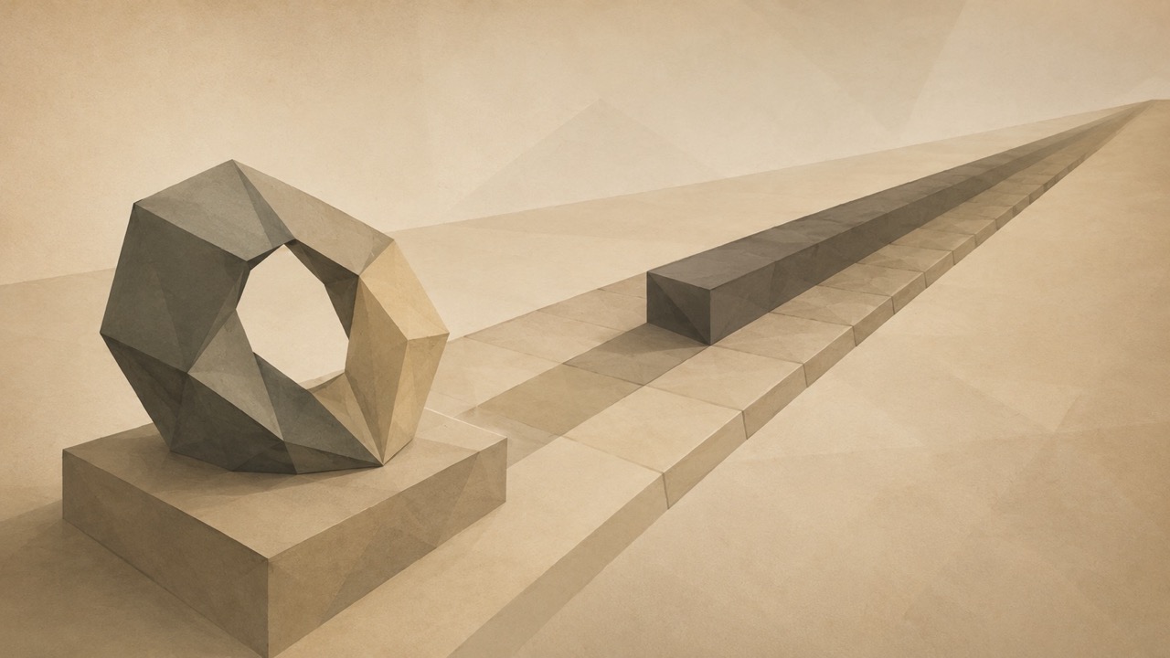 Ilustración minimalista en tonos papiro cálido y grafito, vista en perspectiva oblicua. Una forma escultórica poligonal abstracta sobre una peana baja ocupa el primer término; detrás, alejándose en diagonal hacia el fondo, discurre un largo raíl que sugiere una línea de tiempo, y por él avanza hacia atrás una barra o sombra poligonal densa desde el extremo lejano hasta alcanzar la escultura, como si una marca posterior se extendiera sobre un terreno anterior. El suelo se aleja hacia un punto de fuga bajo.
