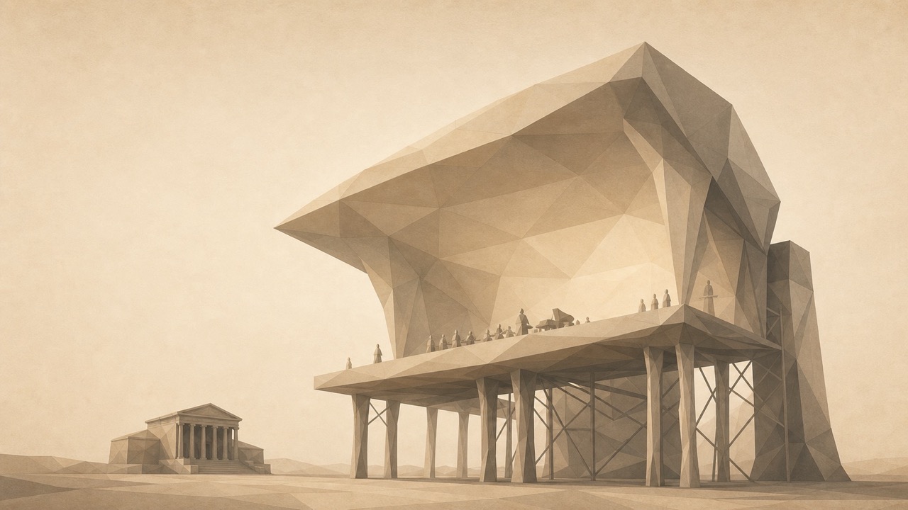 Ilustración minimalista en tonos papiro cálido y grafito, vista en perspectiva oblicua. Un gran escenario o tarima poligonal domina la escena, elevado sobre finos pilares y andamios; recibe toda la luz cálida y se impone sobre un pequeño edificio de museo clásico, también poligonal, que queda a su lado en sombra, empequeñecido. La diferencia de escala entre el escenario monumental y el museo pequeño es extrema. El suelo se aleja hacia un punto de fuga bajo.
