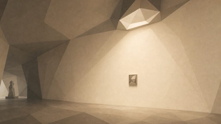 Ilustración minimalista en tonos papiro cálido y grafito, vista oblicua del interior de una sala de museo poligonal. Una gran luminaria cenital derrama un cono generoso de luz cálida sobre una amplia pared expositiva casi vacía, en la que cuelga una única pieza enmarcada muy pequeña, empequeñecida por el espacio iluminado y desocupado a su alrededor. La mayor parte de la pared está desnuda, bien iluminada y sin nada. El suelo se aleja hacia un punto de fuga bajo.