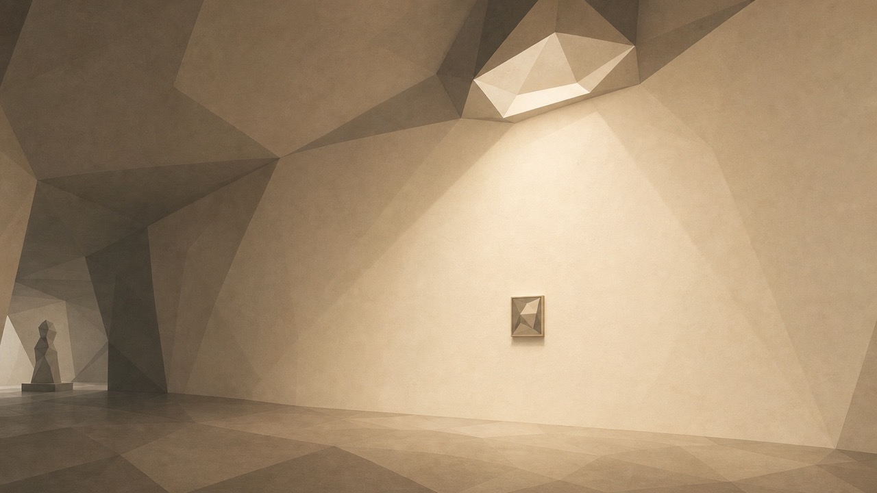 Ilustración minimalista en tonos papiro cálido y grafito, vista oblicua del interior de una sala de museo poligonal. Una gran luminaria cenital derrama un cono generoso de luz cálida sobre una amplia pared expositiva casi vacía, en la que cuelga una única pieza enmarcada muy pequeña, empequeñecida por el espacio iluminado y desocupado a su alrededor. La mayor parte de la pared está desnuda, bien iluminada y sin nada. El suelo se aleja hacia un punto de fuga bajo.