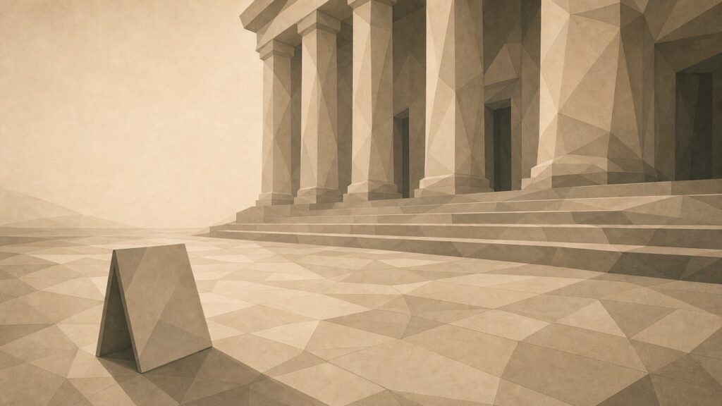 Ilustración minimalista en tonos papiro cálido y grafito, vista en perspectiva oblicua. Una amplia acera poligonal se aleja en diagonal hacia la escalinata y la fachada con columnas de un gran edificio institucional situado a media distancia. Sobre la acera, bien fuera del edificio, hay un pequeño cartel exento y en blanco, orientado hacia el espectador, que proyecta una sombra alargada sobre las losas. El edificio permanece cerrado y silencioso al fondo. La acera se aleja hacia un punto de fuga bajo.