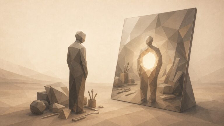 Ilustración minimalista en tonos papiro cálido y grafito, vista en perspectiva oblicua. Una figura humana genérica y poligonal, sin rasgos individuales, está de pie frente a una gran superficie reflectante. En el reflejo, la superficie copia fielmente todo lo que rodea a la figura y lo que lleva consigo: herramientas, capas, objetos, atributos externos, todos duplicados en el espejo. Pero justo en el centro, donde debería reflejarse el núcleo de la figura, el espejo no muestra nada: un vacío sin reflejo donde debería aparecer la persona misma. El espejo copia todo lo externo y no logra copiar a la persona en su núcleo. La luz cálida se recoge suavemente sobre ese núcleo no reflejado. El suelo se aleja hacia un punto de fuga bajo.
