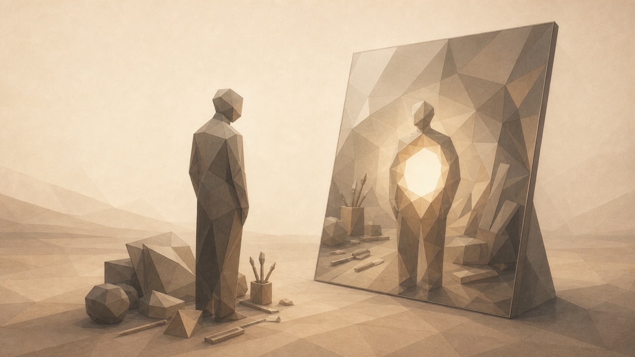 Ilustración minimalista en tonos papiro cálido y grafito, vista en perspectiva oblicua. Una figura humana genérica y poligonal, sin rasgos individuales, está de pie frente a una gran superficie reflectante. En el reflejo, la superficie copia fielmente todo lo que rodea a la figura y lo que lleva consigo: herramientas, capas, objetos, atributos externos, todos duplicados en el espejo. Pero justo en el centro, donde debería reflejarse el núcleo de la figura, el espejo no muestra nada: un vacío sin reflejo donde debería aparecer la persona misma. El espejo copia todo lo externo y no logra copiar a la persona en su núcleo. La luz cálida se recoge suavemente sobre ese núcleo no reflejado. El suelo se aleja hacia un punto de fuga bajo.