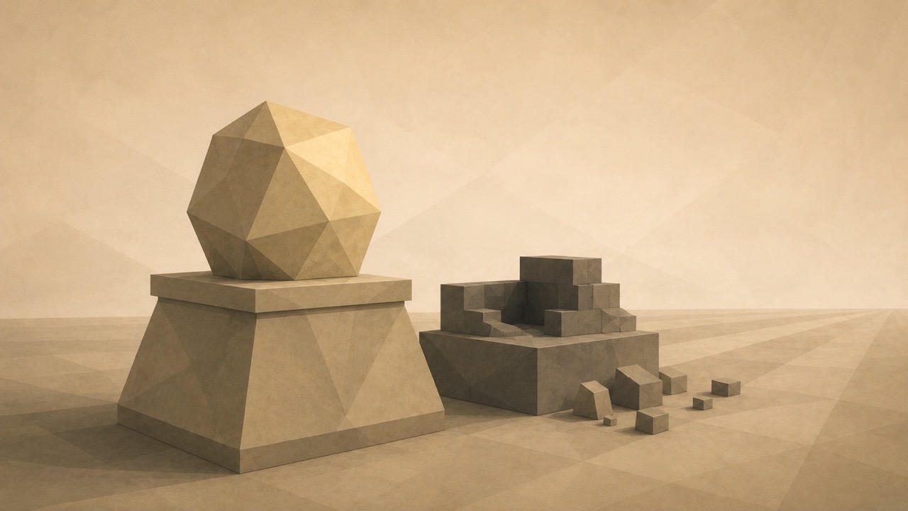 Ilustración minimalista en tonos papiro cálido y grafito, vista en perspectiva oblicua. Dos pedestales poligonales, uno junto a otro. El más cercano es macizo, pulido y está terminado, coronado por una forma consolidada que recibe toda la luz cálida. El otro, a su lado, está a medio construir, con sus bloques aún ensamblándose, la parte superior vacía y en sombra, desatendido. El contraste entre el pedestal acabado e iluminado y el inacabado y oscuro es el centro de la imagen. El suelo se aleja hacia un punto de fuga bajo.