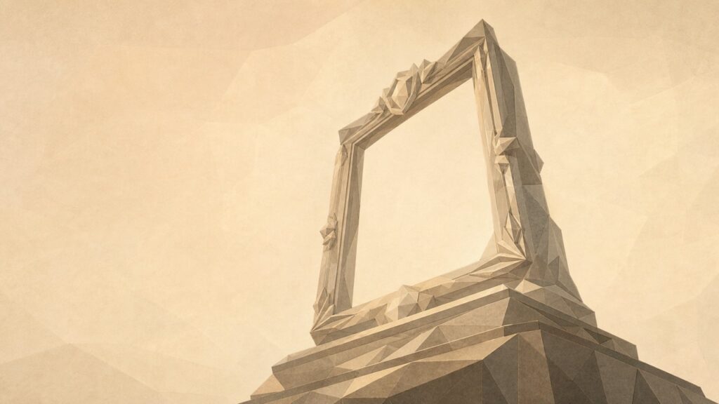 Ilustración minimalista en tonos papiro cálido y grafito, vista desde un punto bajo y muy cercano al suelo, mirando hacia arriba en pronunciado escorzo, como lo haría alguien pequeño. En lo alto de un pedestal monumental se alza un gran marco o arco poligonal ornamentado que encierra solo fondo vacío, de modo que aquello que se supone hay que admirar está ausente. El pedestal y el marco reciben la luz cálida y se imponen sobre la cámara baja. El vacío dentro del marco sugiere lo que una comunidad decide consagrar y colocar tan alto que el pequeño ha de mirarlo desde abajo.