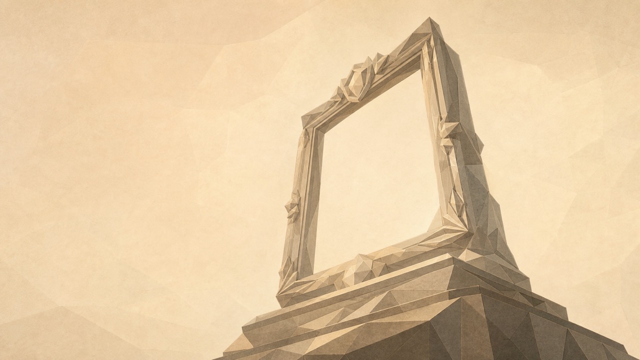 Ilustración minimalista en tonos papiro cálido y grafito, vista desde un punto bajo y muy cercano al suelo, mirando hacia arriba en pronunciado escorzo, como lo haría alguien pequeño. En lo alto de un pedestal monumental se alza un gran marco o arco poligonal ornamentado que encierra solo fondo vacío, de modo que aquello que se supone hay que admirar está ausente. El pedestal y el marco reciben la luz cálida y se imponen sobre la cámara baja. El vacío dentro del marco sugiere lo que una comunidad decide consagrar y colocar tan alto que el pequeño ha de mirarlo desde abajo.
