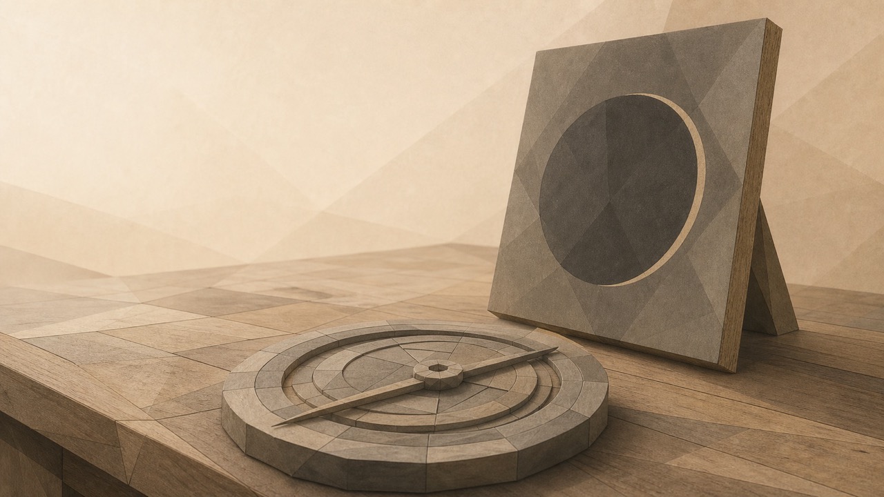 Ilustración minimalista en tonos papiro cálido y grafito, vista en perspectiva oblicua sobre una mesa de trabajo de madera que se aleja. En primer término, un instrumento poligonal en forma de disco con anillos concéntricos y una alidada, tendido y recibiendo una luz cálida. Detrás, apoyada en vertical, una pequeña tabla pintada, también poligonal, cuya superficie muestra un círculo oscuro con un fino arco claro en uno de sus bordes. Los cantos y el grosor de la tabla quedan a la vista, de modo que el círculo se lee como algo pintado y no como un cielo real. Instrumento y tabla comparten mesa y luz. La mesa se aleja hacia un punto de fuga bajo.