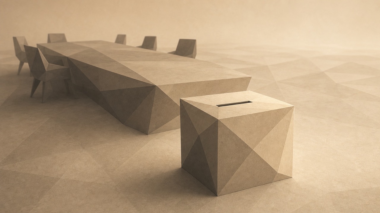 Ilustración minimalista en tonos papiro cálido y grafito, vista en perspectiva oblicua. Una larga mesa de deliberación poligonal se aleja en diagonal hacia el fondo, con varias sillas poligonales vacías retiradas de ella; donde la mesa termina, en primer término, hay una urna poligonal cerrada con una ranura estrecha. Las sillas quedan en sombra suave y la urna recibe la luz más cálida. El suelo se aleja hacia un punto de fuga bajo.