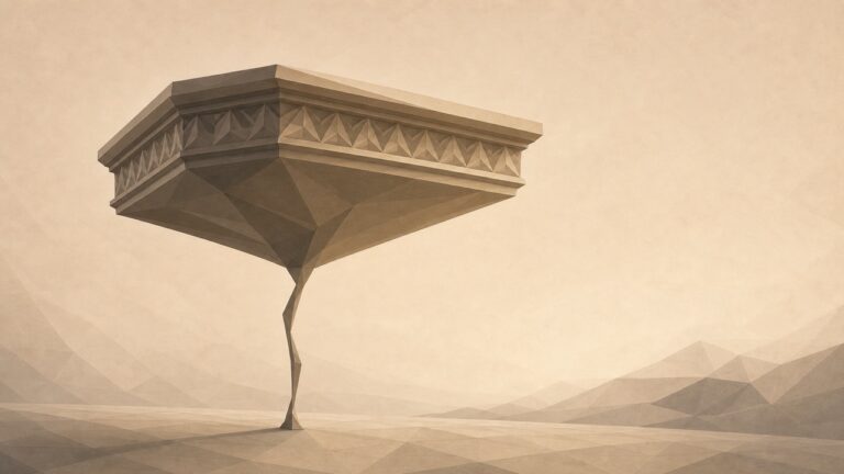 Ilustración minimalista en tonos papiro cálido y grafito, vista en perspectiva oblicua. Un pedestal o podio de homenaje amplio y ornamentado recibe la luz cálida en su superficie superior, como dispuesto para exhibir algo celebrado, pero se sostiene sobre una única pata finísima y frágil que apenas lo aguanta y se ve forzada. El contraste entre la parte superior grandiosa y el soporte endeble es el centro de la imagen. El suelo se aleja hacia un punto de fuga bajo.