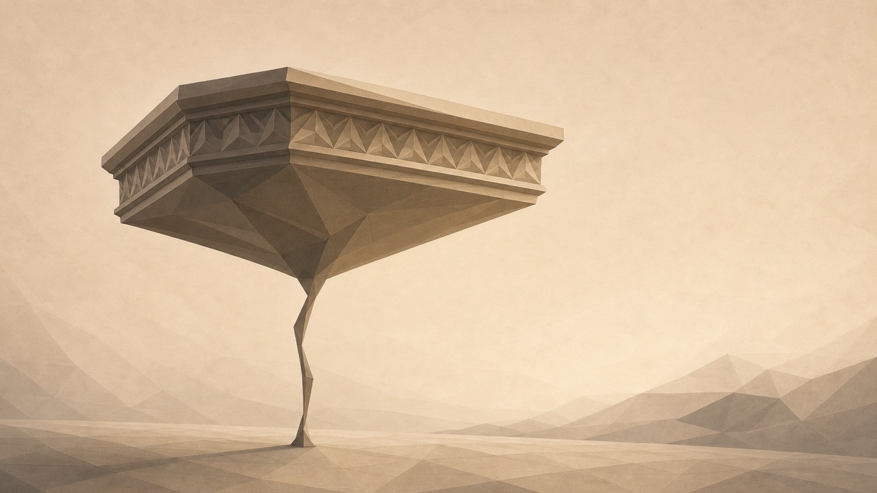 Ilustración minimalista en tonos papiro cálido y grafito, vista en perspectiva oblicua. Un pedestal o podio de homenaje amplio y ornamentado recibe la luz cálida en su superficie superior, como dispuesto para exhibir algo celebrado, pero se sostiene sobre una única pata finísima y frágil que apenas lo aguanta y se ve forzada. El contraste entre la parte superior grandiosa y el soporte endeble es el centro de la imagen. El suelo se aleja hacia un punto de fuga bajo.
