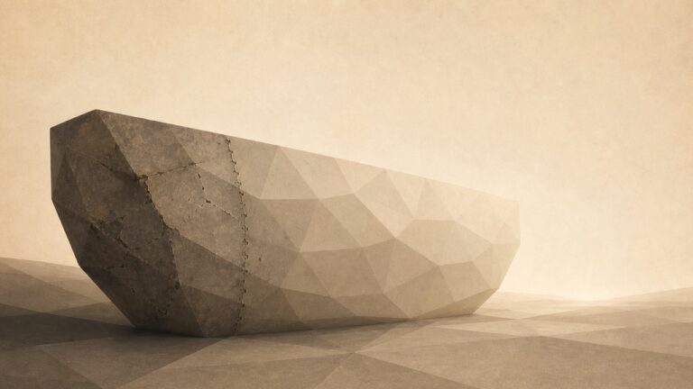Minimalist illustration in warm papyrus and graphite tones, viewed in oblique perspective. A polygonal object, such as a fragment of a tablet or a vessel, is composed of two halves: one clearly ancient, weathered, and cracked; the other visibly new and smooth, freshly made yet imitating the old. A seam runs along the junction between them: at one end it is clearly visible, honestly showing where the old meets the new; towards the other end, the seam blurs until it disappears, and the two halves become indistinguishable. The same object simultaneously displays the honesty of the visible seam and the concealment of the erased one. The floor recedes towards a low vanishing point.