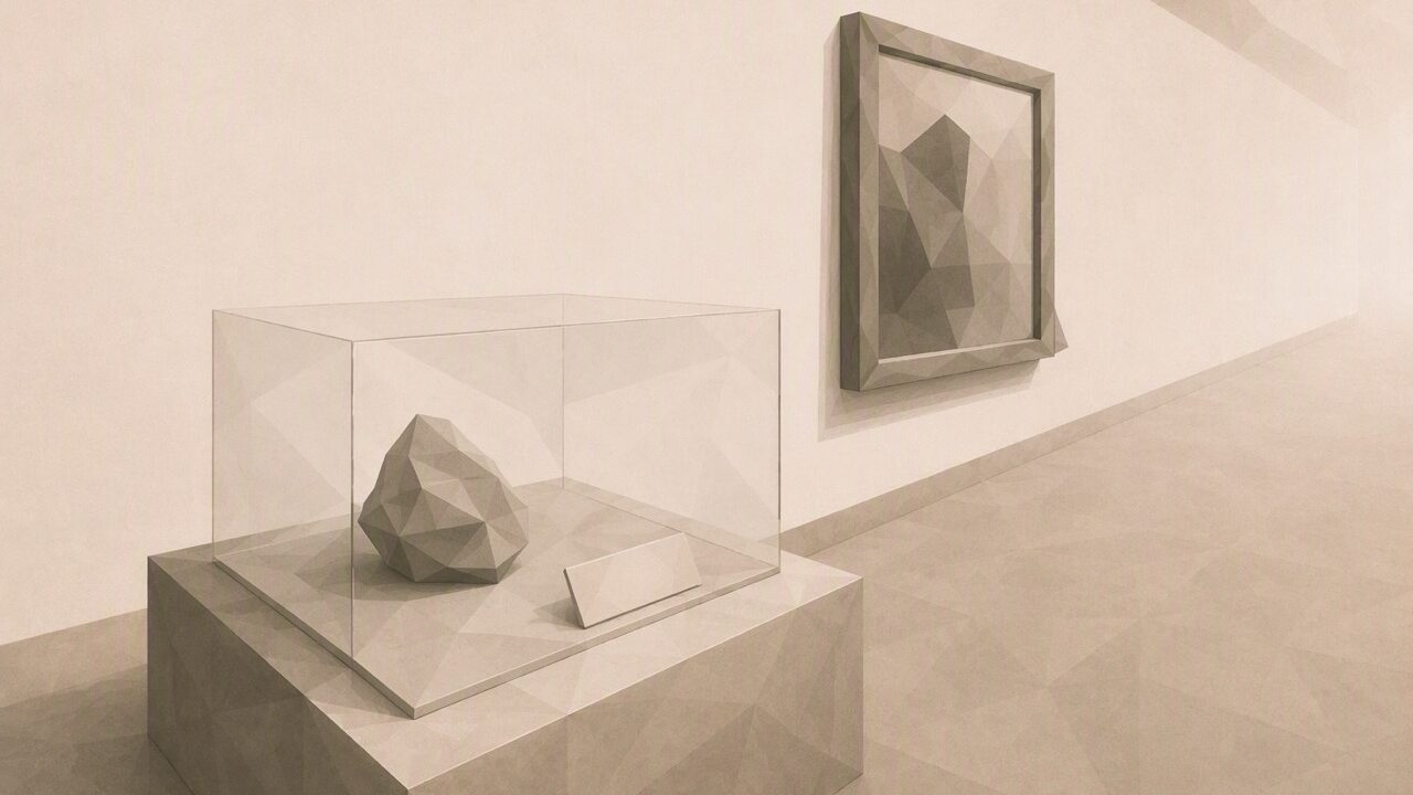 Ilustración minimalista en tonos papiro cálido y grafito, vista en perspectiva oblicua. Una peana de vitrina de museo se aleja en diagonal hacia el fondo, con un objeto poligonal dentro y, a su lado, una cartela rectangular poligonal completamente en blanco; en la pared del fondo cuelga una segunda imagen enmarcada sin cartela alguna, con la esquina inferior algo levantada, como si debajo no hubiera nada sujeto. La peana y el suelo se alejan hacia un punto de fuga bajo.